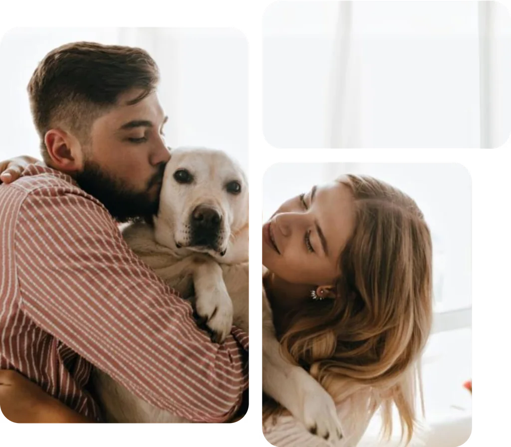 Um homem beijando o focinho de um labrador e uma mulher abraçando o seu cachorro