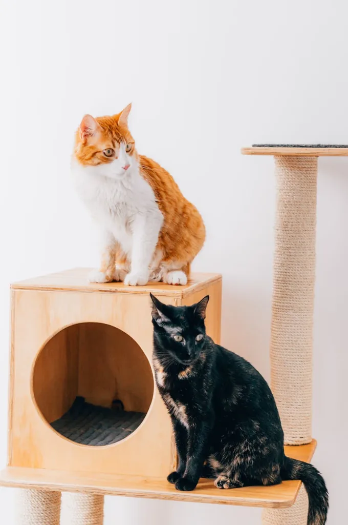 Dois gatos descansando em um arranhador de madeira dentro de casa